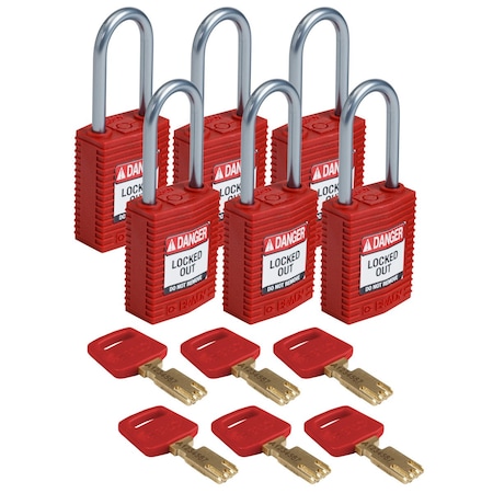 Brady Padlock, Keyed Different, Nylon, Red, 6 PK CPT-RED-38AL-KD6PK